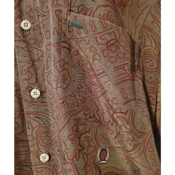 TOMMY HILFIEGER Vtg.90's ST.PATRICK DAY OLIVE GREEN LS. ALL Paisley Button Up Lg - Picture 4 of 12